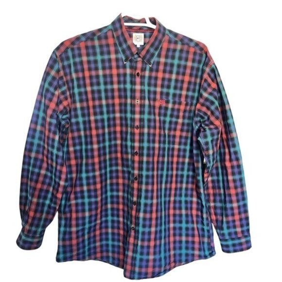 Cinch Mens Long Sleeve Button-Down Plaid Shirt Multicolor Size L 100% Cotton - Picture 1 of 7